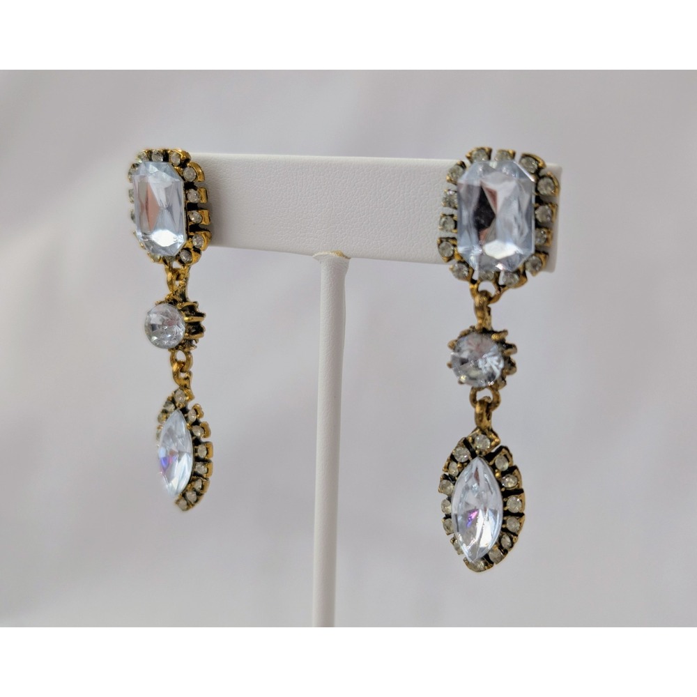 Vintage Chandelier Antique Gold Rhinestones Dangle Drop Pierced Earrings LT115